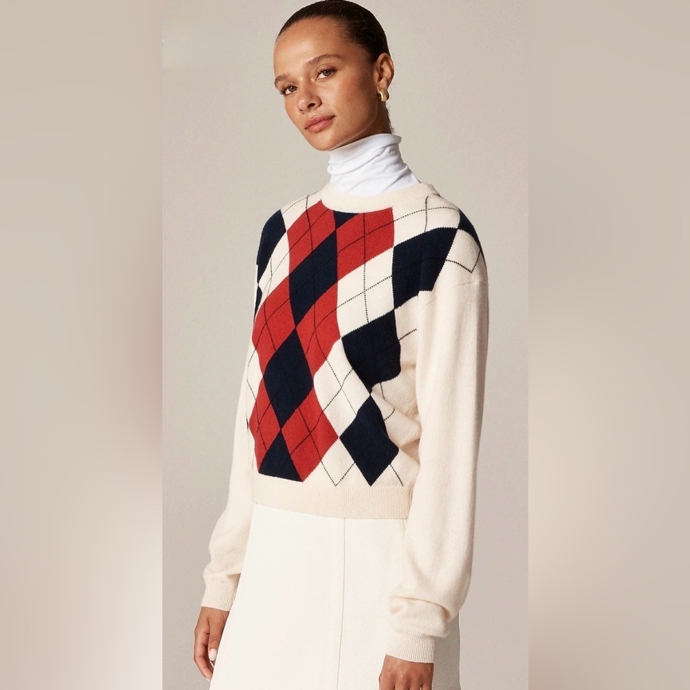 NWOT J Crew Perfect cashmere crewneck sweater in argyle size M